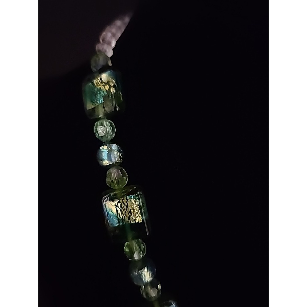 Vintage Handcrafted Art Glass Beaded Necklace Green, Blue, Metallic Foil 21" - Picture 10 of 16